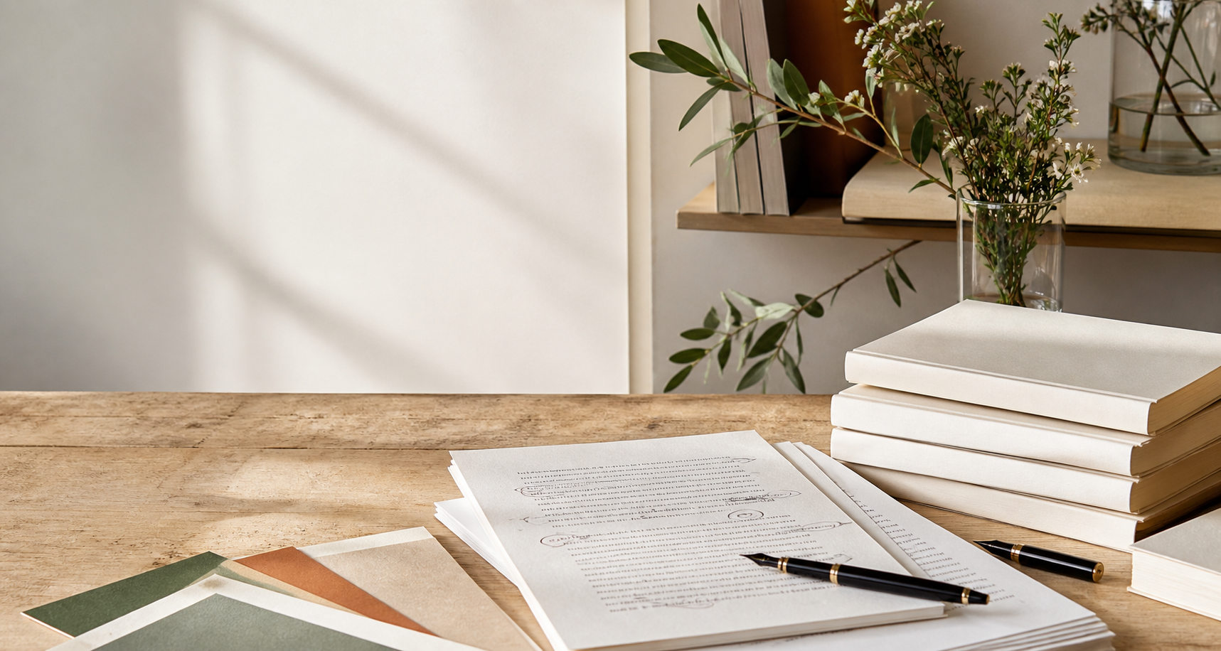 Table de travail éditorial avec manuscrit, livres et papiers de couverture